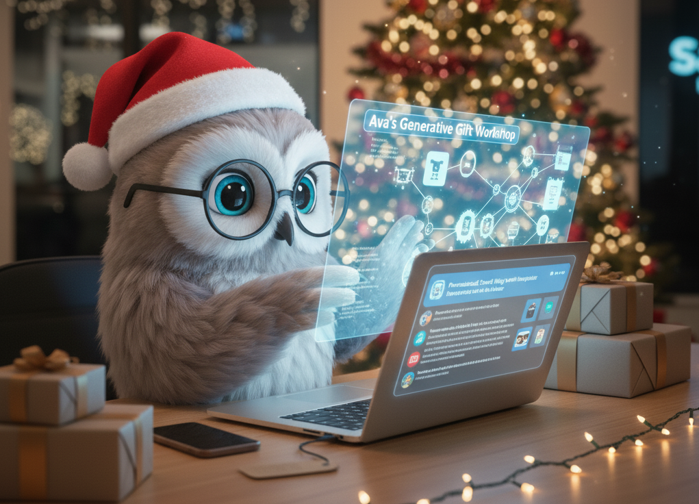 Ava in a December holiday setting generating gift ideas to support Secret Savas