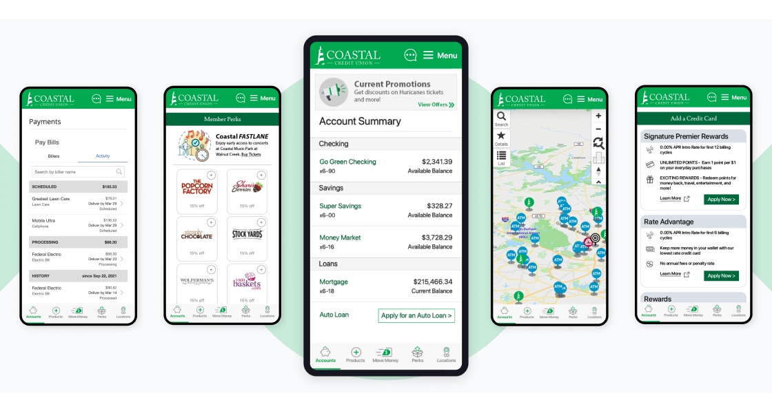Coastal Credit Union mobile app screens